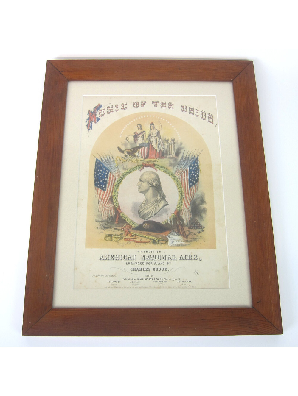 1861 Civil War Sheet Music Color Lithograph Music of the Union A Medley Framed